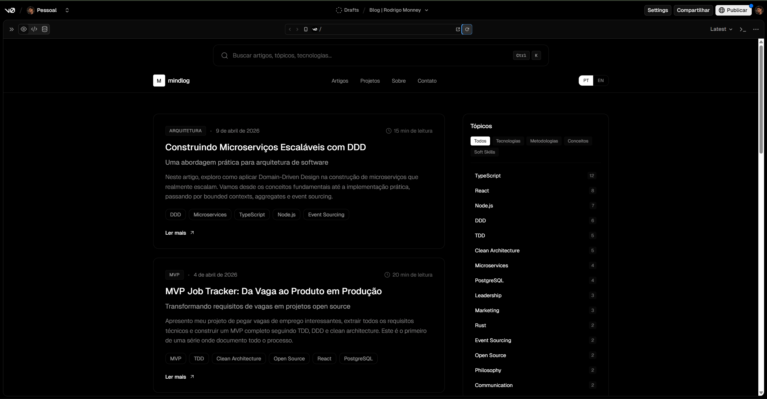The initial blog draft in V0, still under the working name "mindlog" which I later dropped
